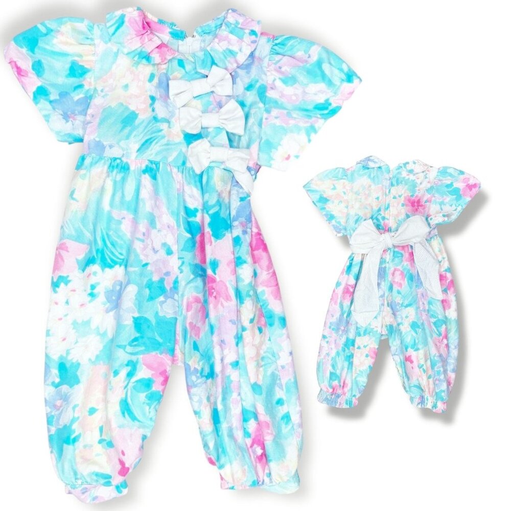 Vintage Baby Girl Pastel Watercolor Floral Long Bubble Romper Outfit 3m / 6m